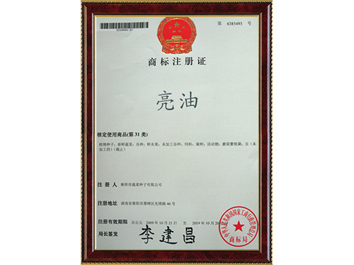 “亮油”商标注册证